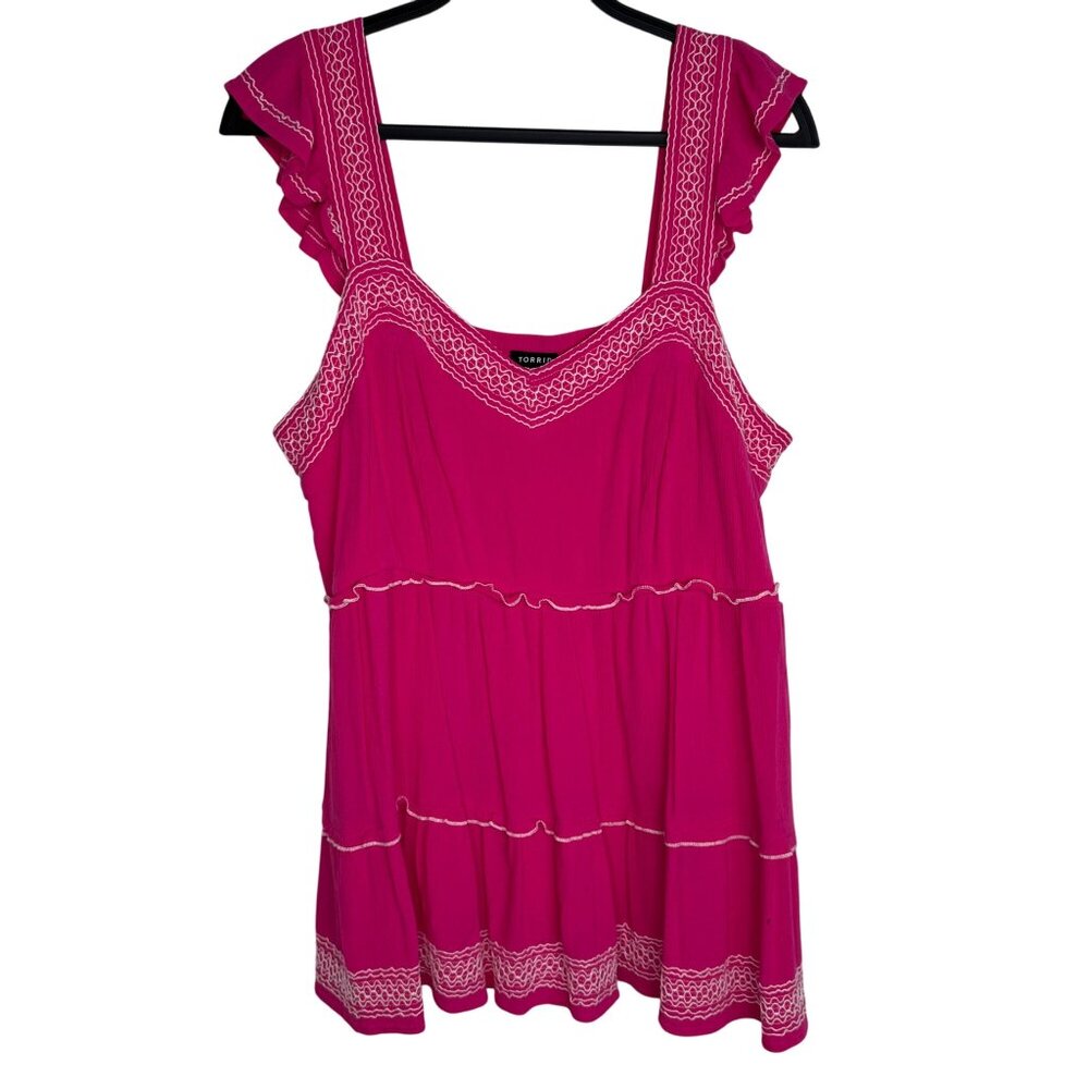 Torrid Pink Smocked Tiered Stretchy Blouse / Tank Embroidered Details Size 2
